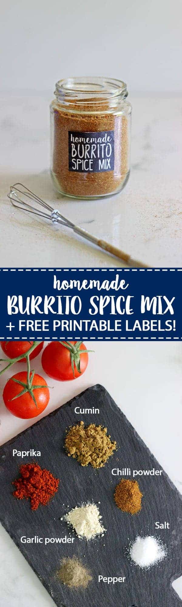 Homemade Burrito Spice Mix (or taco seasoning) - the perfect blend of spices to make your favourite Mexican meal in minutes! Perfect for beef burritos, nachos, chicken strips for tacos, refried beans or anything Mexican! #mexicanfood #tacotuesday #burritospicemix #tacoseasoning #easymeals #spicemix | thekiwicountrygirl.com