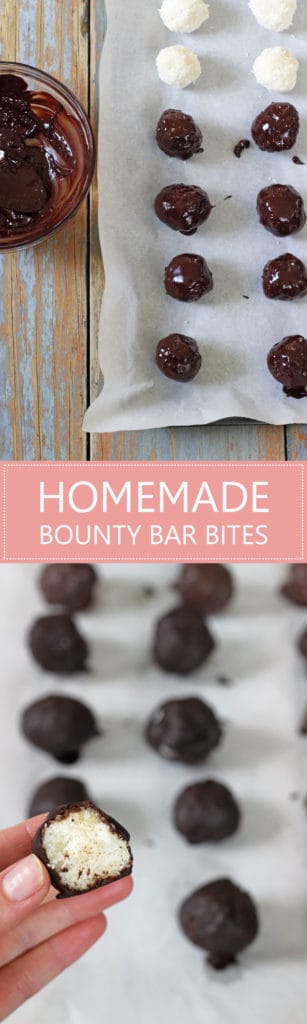 Naturally sweetened homemade Bounty Bar bites. Delicious coconut coated in chocolate - they taste just like a Bounty Bar but without the guilt! | thekiwicountrygirl.com