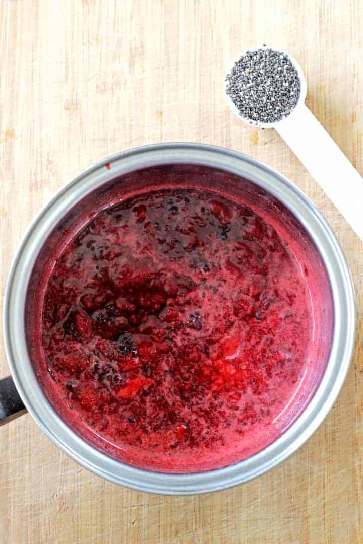 Frozen berries, honey & chia seeds are all that you need for this delicious 5 minute jam!
