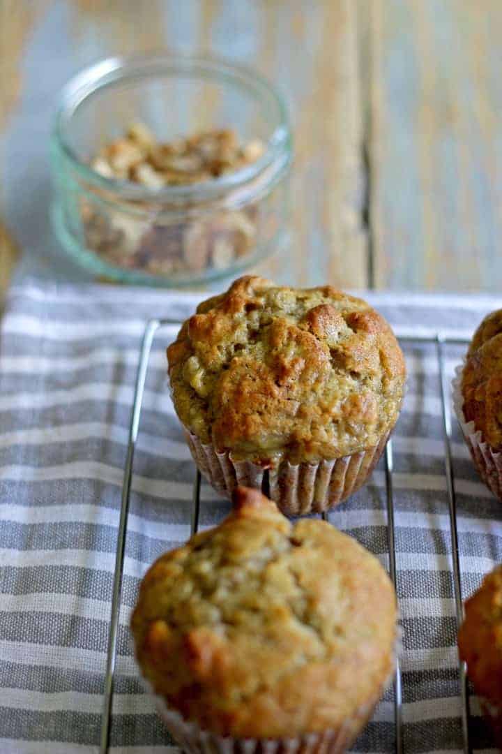 Sweet banana muffins filled with crunchy walnuts...the perfect morning tea treat!