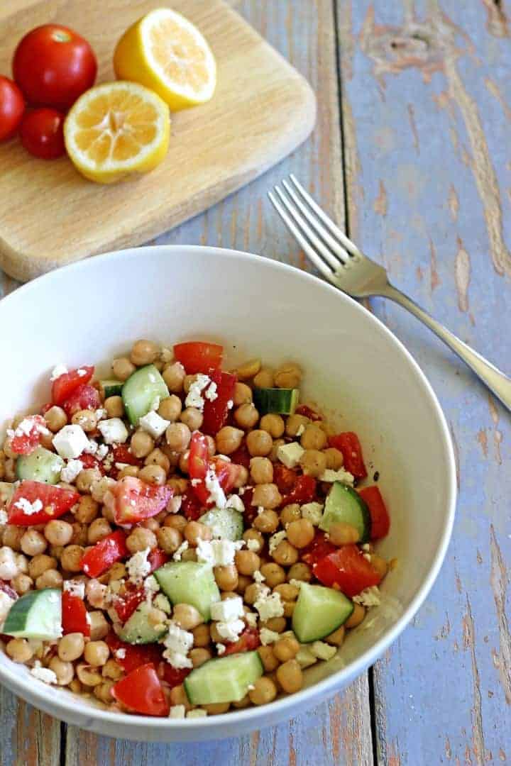 Smashed chickpea, tomato, cucumber & feta salad...the perfect throw together lunch for busy days.