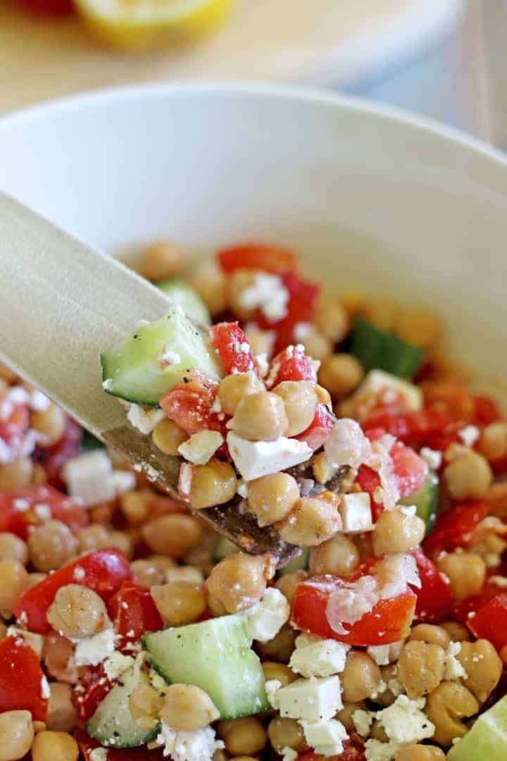 Smashed chickpea, tomato, cucumber & feta salad...the perfect throw together lunch for busy days.