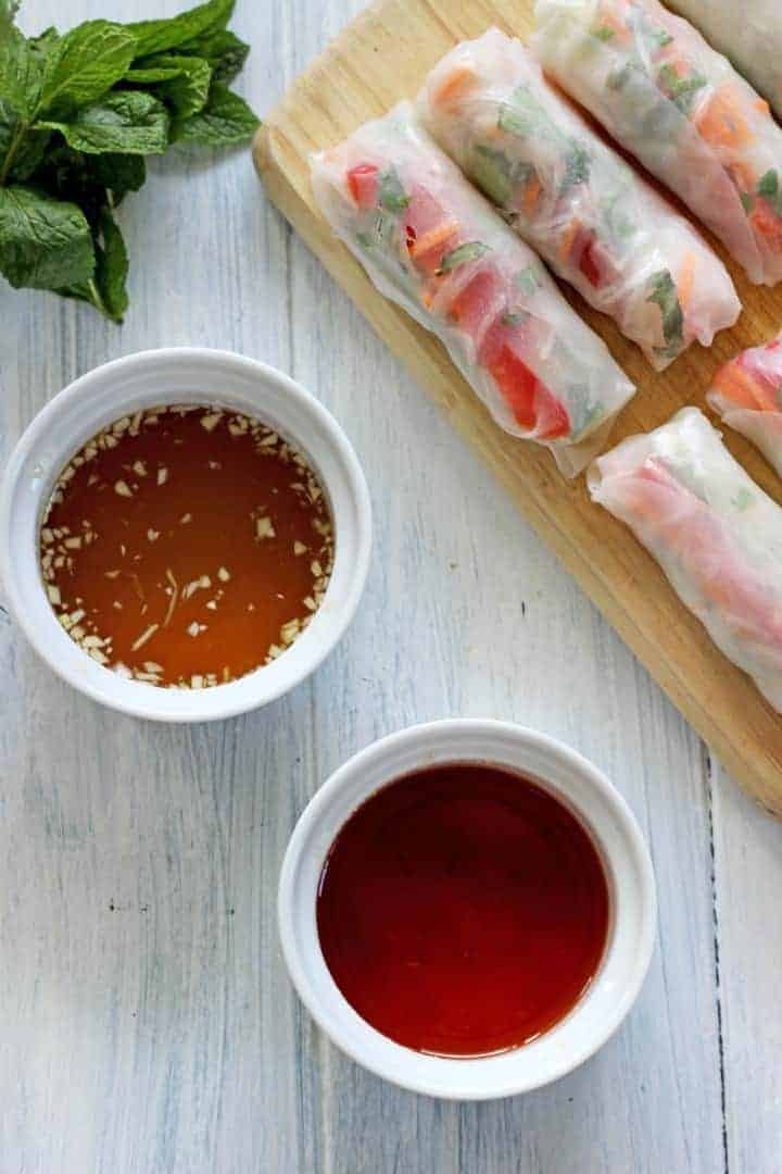 Fast, fresh & full of flavour, these Vietnamese style rice paper rolls with both sweet chilli and traditional dipping sauces are the perfect healthy lunch, snack or dinner option.