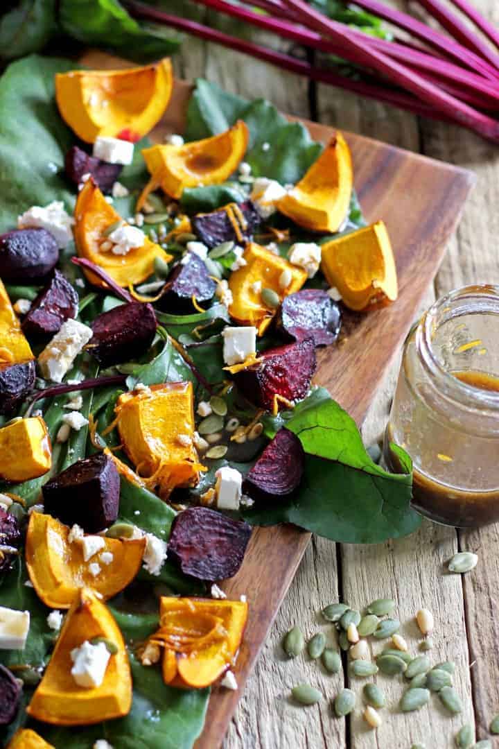 The perfect meal for the cooler weather - an autumn harvest roast vege salad with pumpkin, beets, feta, pinenuts & a maple orange dressing