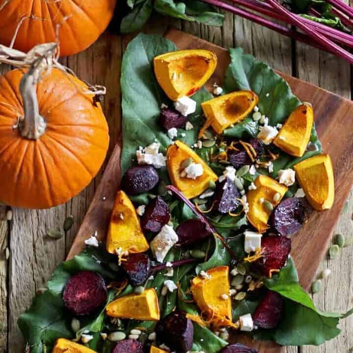 The perfect meal for the cooler weather - an autumn harvest roast vege salad with pumpkin, beets, feta, pinenuts & a maple orange dressing