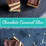 Triple layer chocolate caramel slice - coconut base, gooey caramel filling & dark chocolate topping