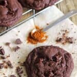Chocolate Chili Cookie recipe at thekiwicountrygirl.com. Soft and chewy chocolate cookies with a hint of chili and cinnamon and chili chocolate chunks to boot!