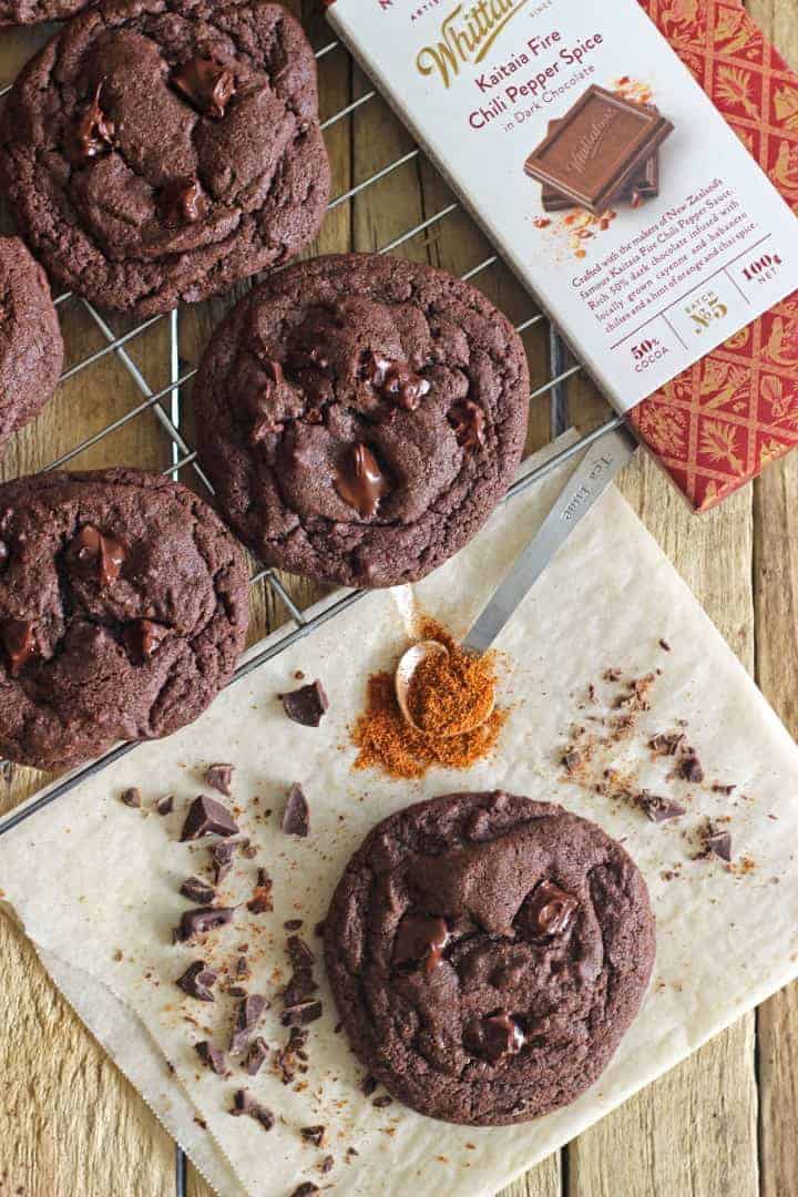 Chocolate Chili Cookie recipe at thekiwicountrygirl.com. Soft and chewy chocolate cookies with a hint of chili and cinnamon and chili chocolate chunks to boot!