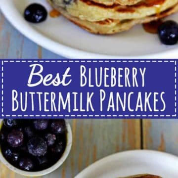 Best. Ever! Blueberry Buttermilk Pancakes.Soft, fluffy, full of blueberries and drizzled with maple syrup - the perfect breakfast! | Recipe at thekiwicountrygirl.com