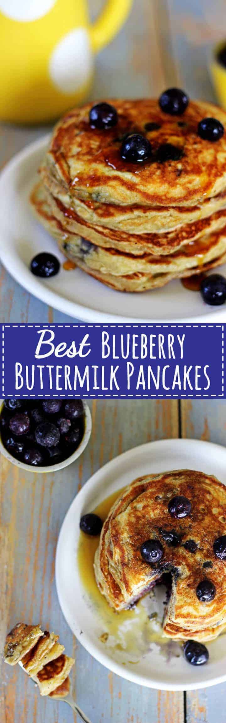 Best. Ever! Blueberry Buttermilk Pancakes.Soft, fluffy, full of blueberries and drizzled with maple syrup - the perfect breakfast! | Recipe at thekiwicountrygirl.com