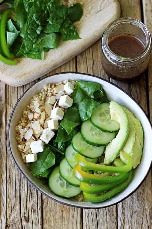 Super Green Summer Salad with Quinoa with a quick throw together lemon balsamic vinaigrette - the perfect mixture of healthy & delicious! | thekiwicountrygirl.com