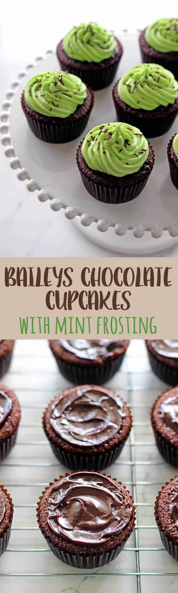 Celebrate St Patrick's Day with Chocolate Baileys Cupcakes with Mint Frosting - moist chocolate Baileys cupcakes, Baileys ganache and mint green frosting! #baileys #cupcakes #stpaddysday #stpatricksday #chocolate| thekiwicountrygirl.com