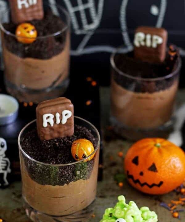 Chocolate mousse graveyard cups for Halloween