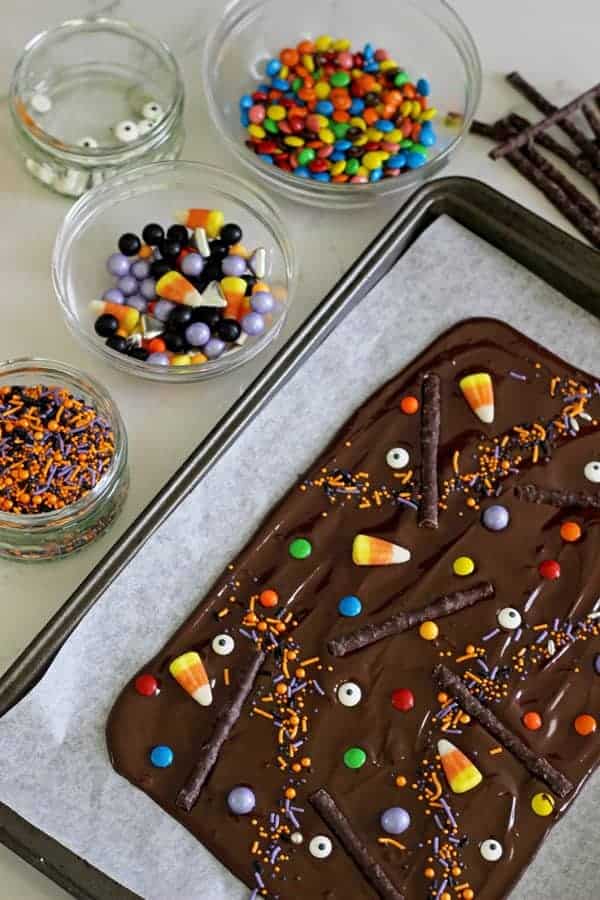 Halloween chocolate bark with candy ingredients