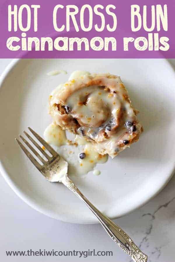Hot Cross Bun Cinnamon Rolls! The perfect combination of delicious cinnamon rolls with all the spices and dried fruit that you love about hot cross buns! A must have for Easter brunch #easter #easterbrunch #hotcrossbuns #cinnamonrolls #baking #bread #stepbystep #easyrecipe #holidays| thekiwicountrygirl.com