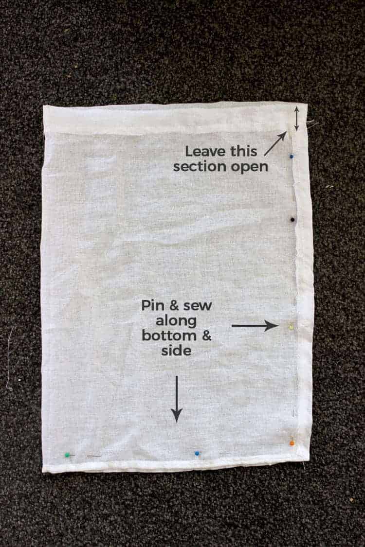 White muslin with sewing instructions for how to make produce bags