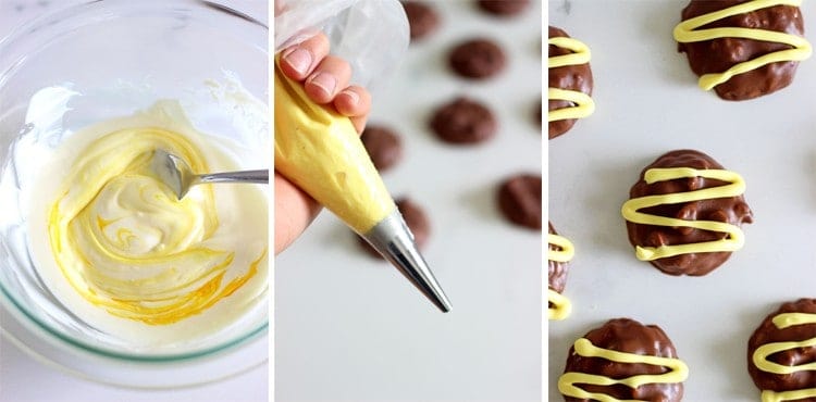 Collage of melted white chocolate buttons, yellw chocolate in a piping bag and homemade hokey pokey squiggles biscuits