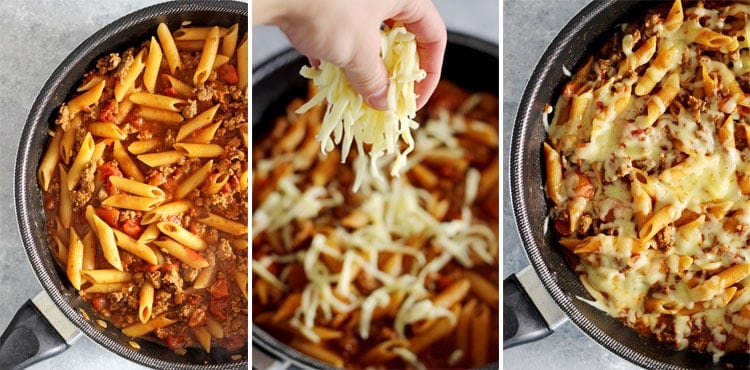 Collage of process of making one pan mince pasta