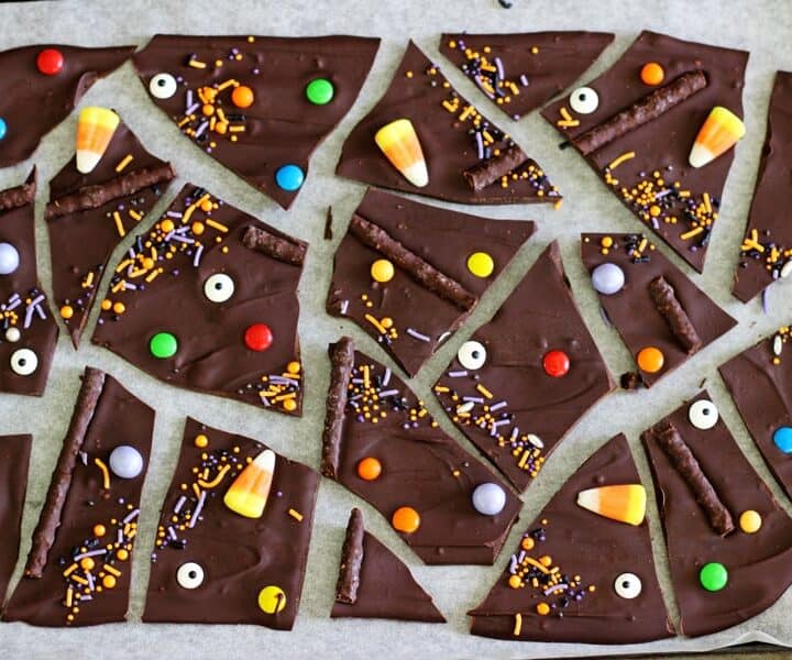 Halloween candy chocolate bark in pieces