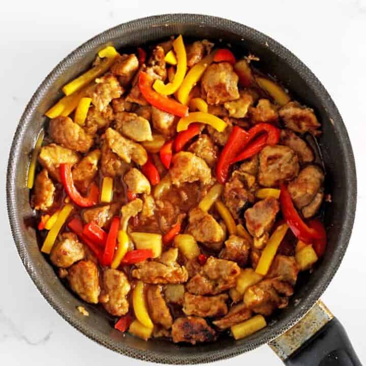 Frying pan with homemade sweet and sour pork