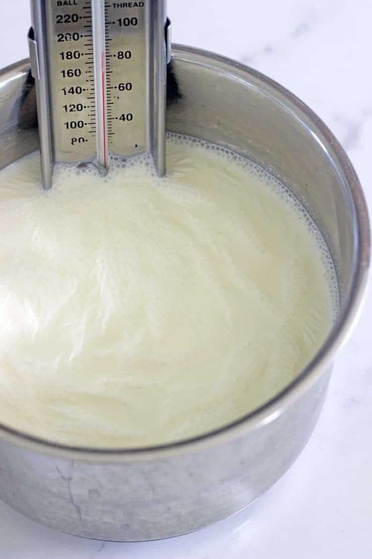 Pot of milk ready to be made into yoghurt with thermometer