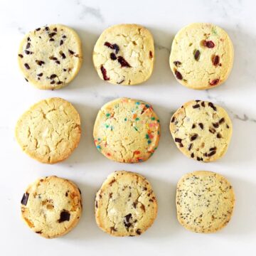 9 flavours of slice and bake cookies on a white background