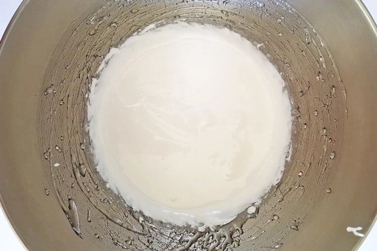 Gelatine and sugar mixture in a mixer bowl ready to be made into marshmallows
