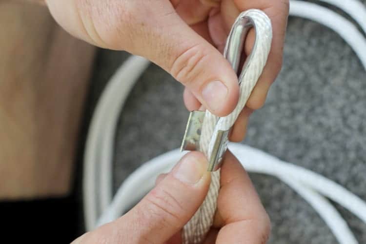 Threading rope through rope thimble and securing with clamp