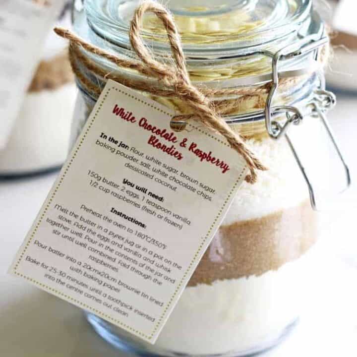 Jar of homemade blondie mix with a label for a homemade gift idea