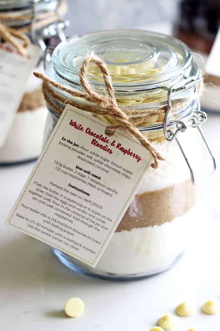 Jar of homemade blondie mix with a label for a homemade gift idea