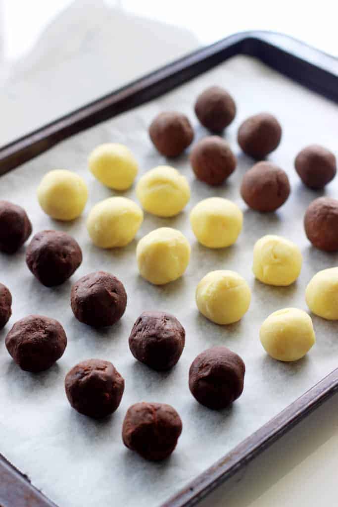 Tray with dark, white and milk chocolate truffles