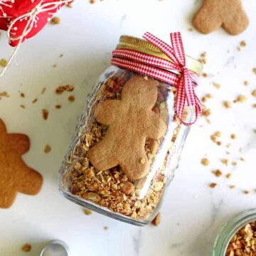 Jar with gingerbread granola with a gingerbread man inside