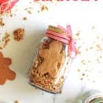 Jar with gingerbread granola with a gingerbread man inside with text overlay