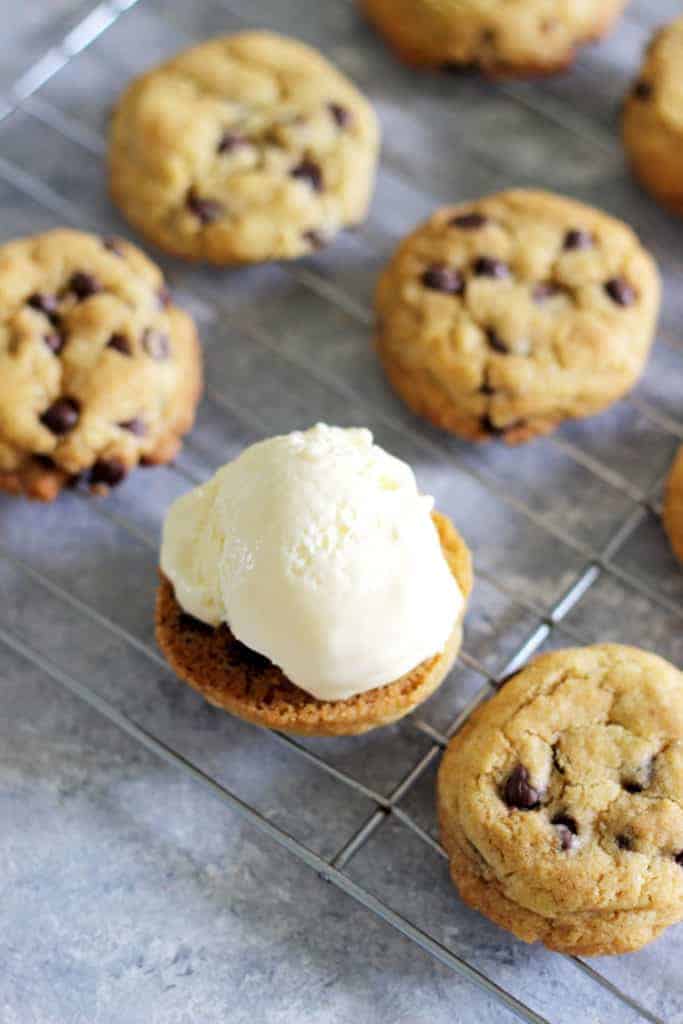 Chocolate chip cookie with a scoop of vanilla ice cream on top
