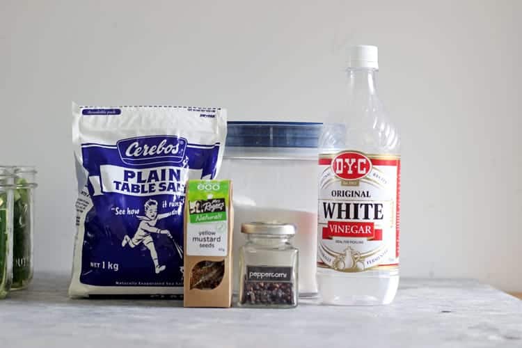 Ingredients for refrigerator pickles - white vinegar, peppercorns, sugar, mustard seeds and salt