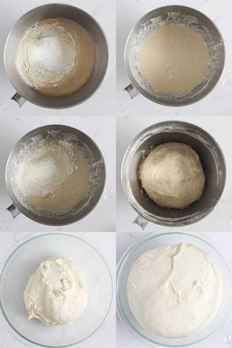 Collage of bread dough rising in a mixing bowl