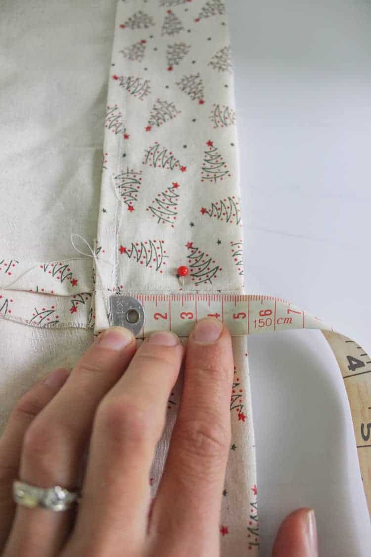 Pinned fabric for Santa Sack with measuring tape
