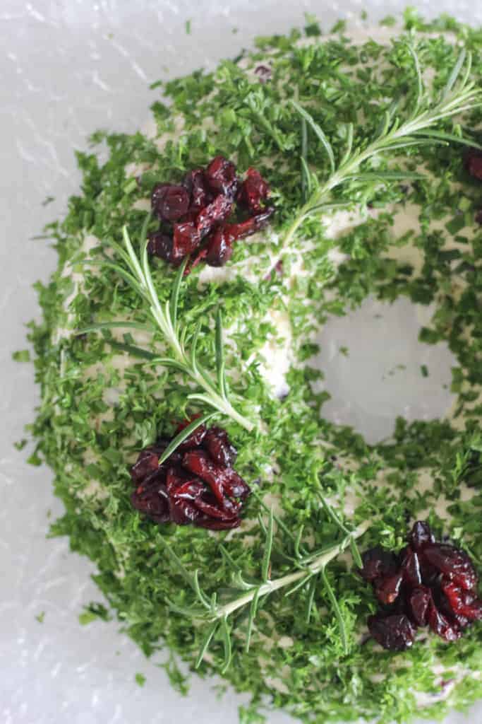 Christmas cheese ball wreath with cranberries and rosemary