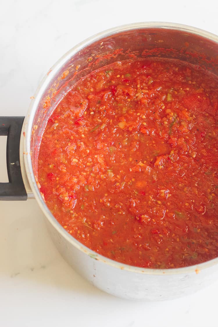 Cooked salsa in a stockpot