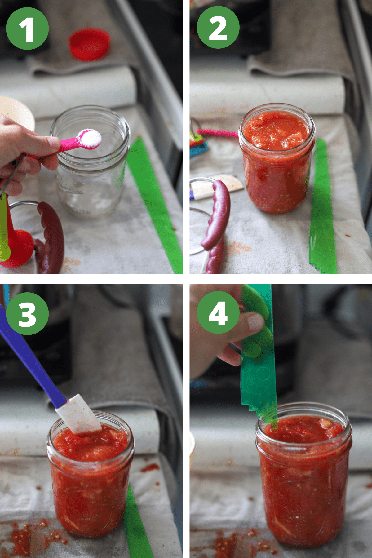 Collage with images showing how to fill a jar of diced tomatoes for canning