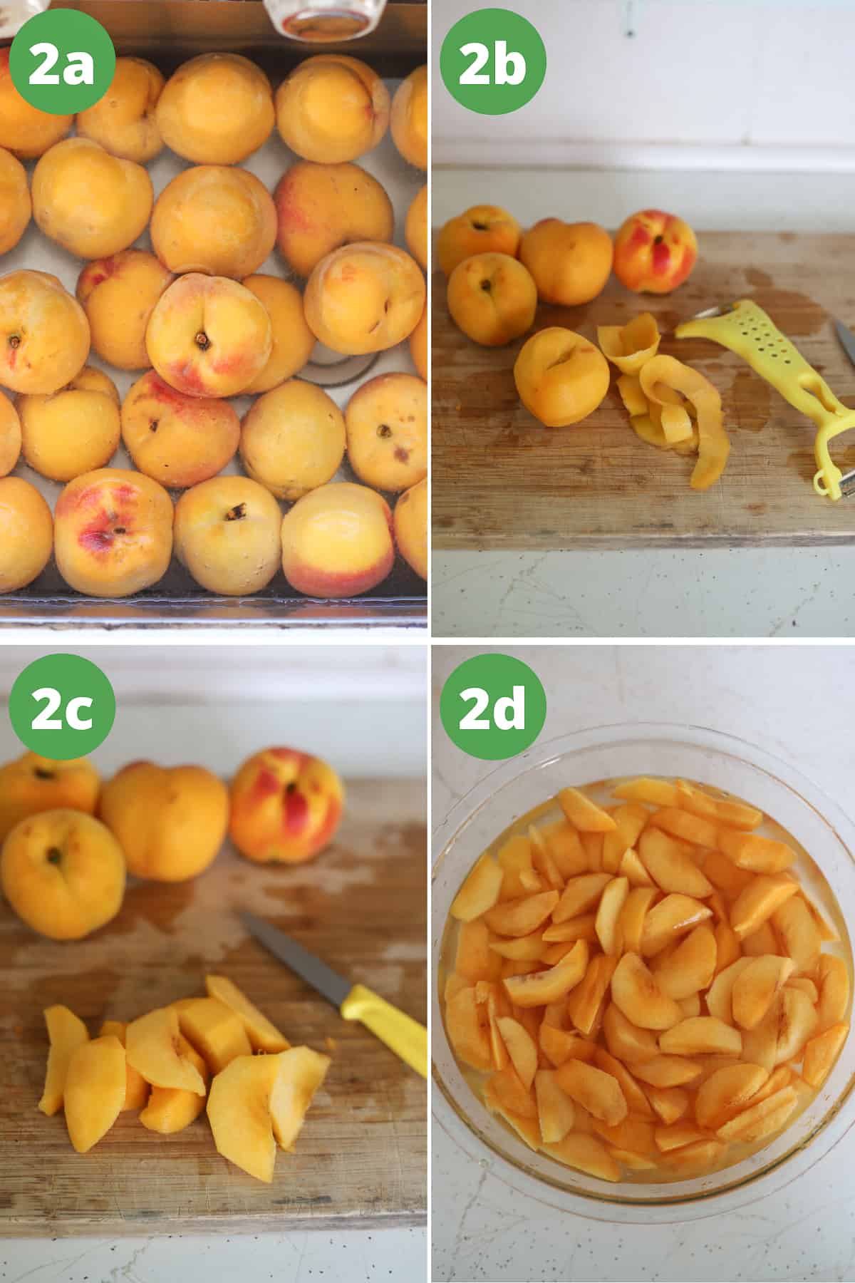 Collage of Golden Queen peaches being prepared for water bath canning