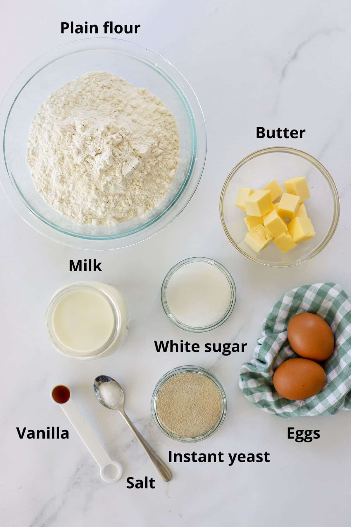 Ingredients for overnight waffle batter with labels