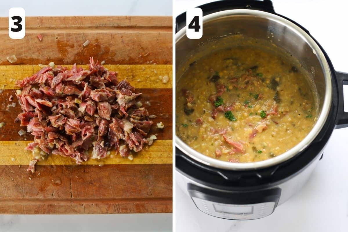 Collage with shredded bacon bone meat on chopping board and cooked bacon bone soup in Instant Pot