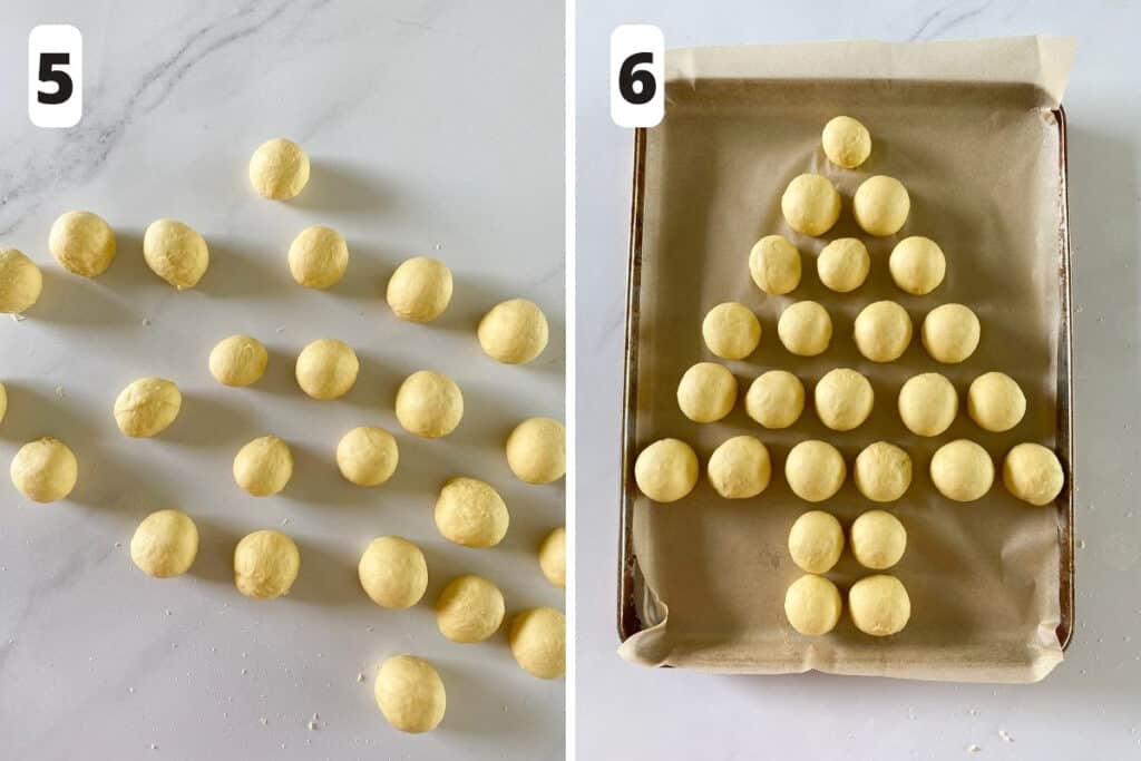 Rolled dough balls shaped into a Christmas tree