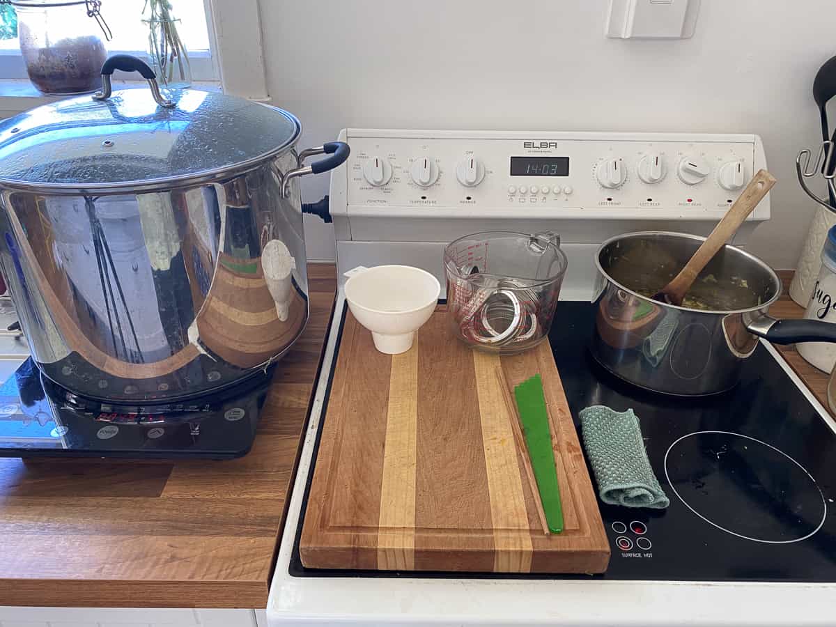 Waterbath canning set up on a stove